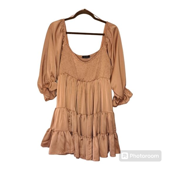 Ella Blue Dusty Mauve Pink Ruffle Tier Dress Solid Flared Mini Feminine Size L - Picture 12 of 12